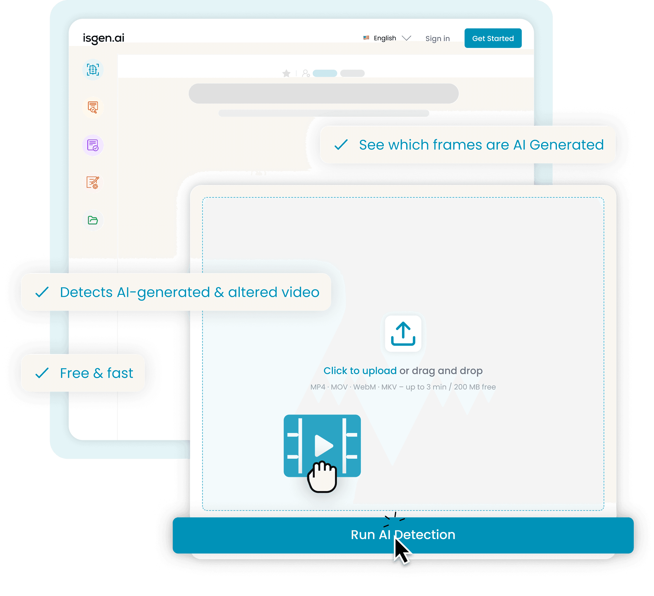 Pagina imponendi Detectoris Videorum AI cum zona demittendi video et pyga Executare Detectionem AI